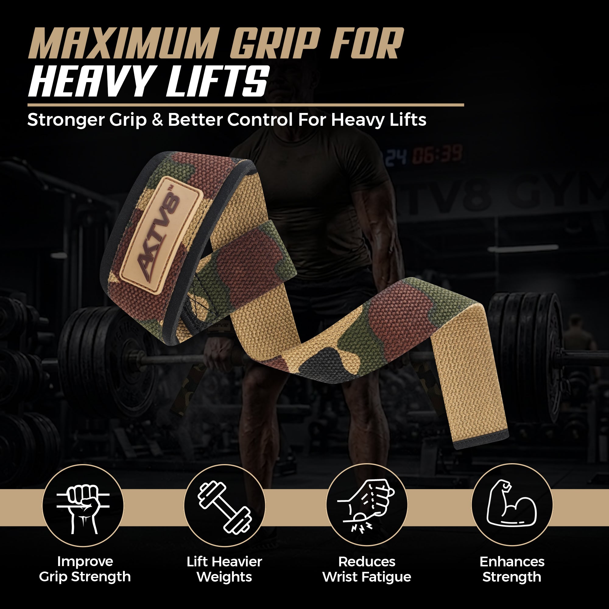 AKTV8 Premium Camo Edition Lifting Straps – Heavy Duty Grip Support
