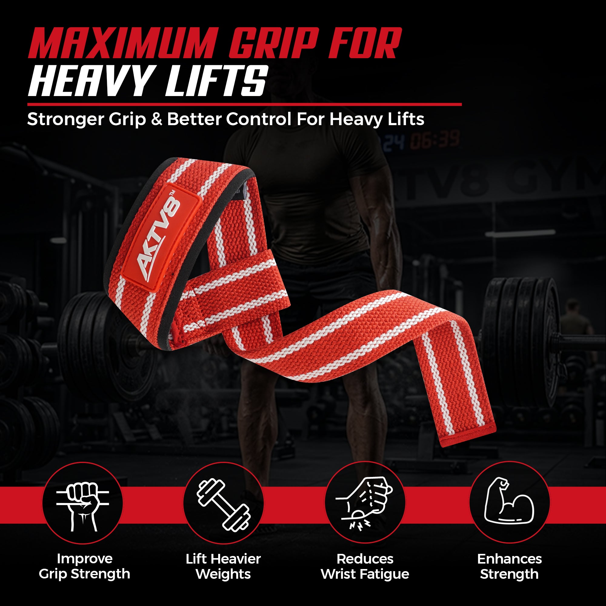 AKTV8 Premium Red & White Edition Lifting Straps – Heavy Duty Grip Support