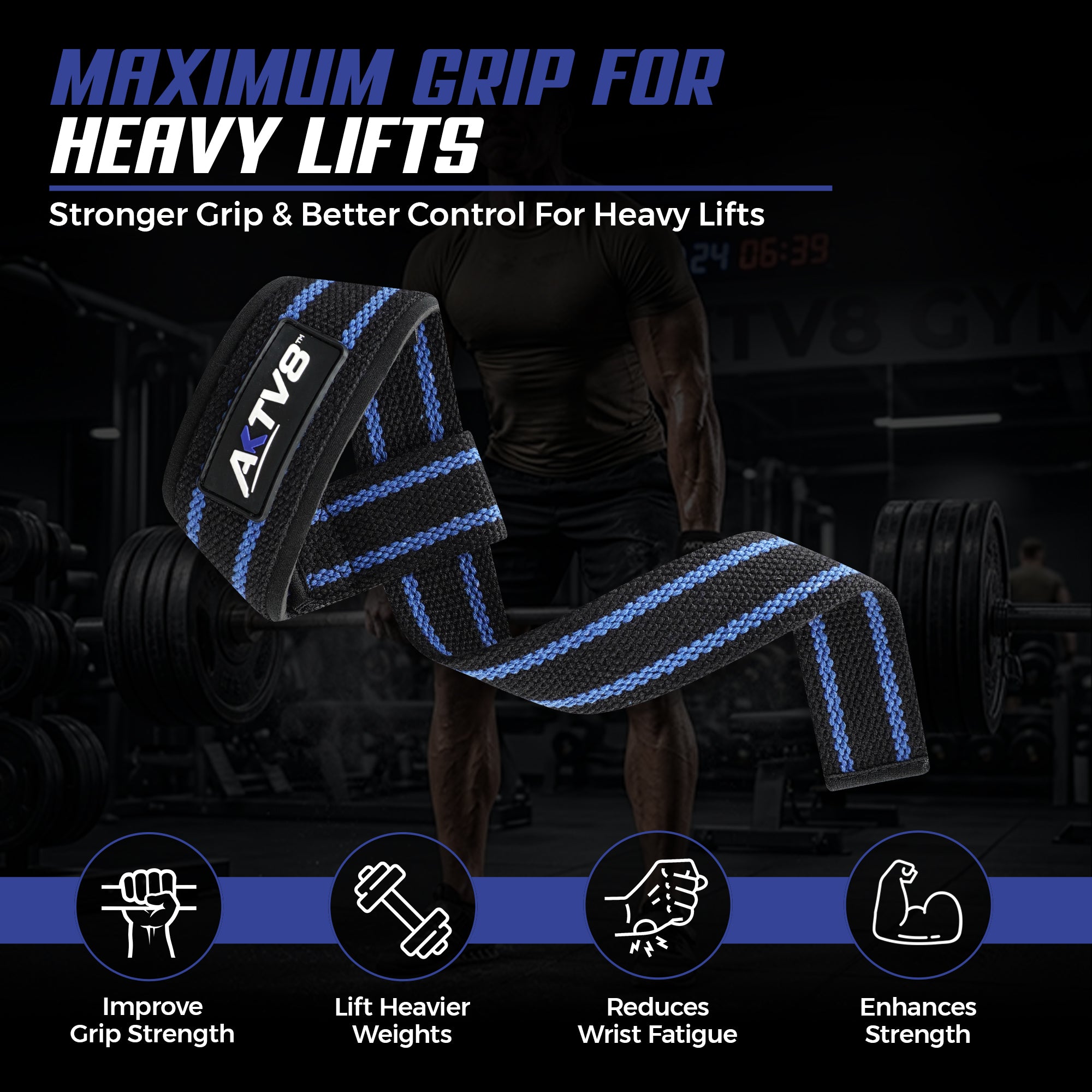AKTV8 Premium Blue Edition Lifting Straps – Heavy Duty Grip Support