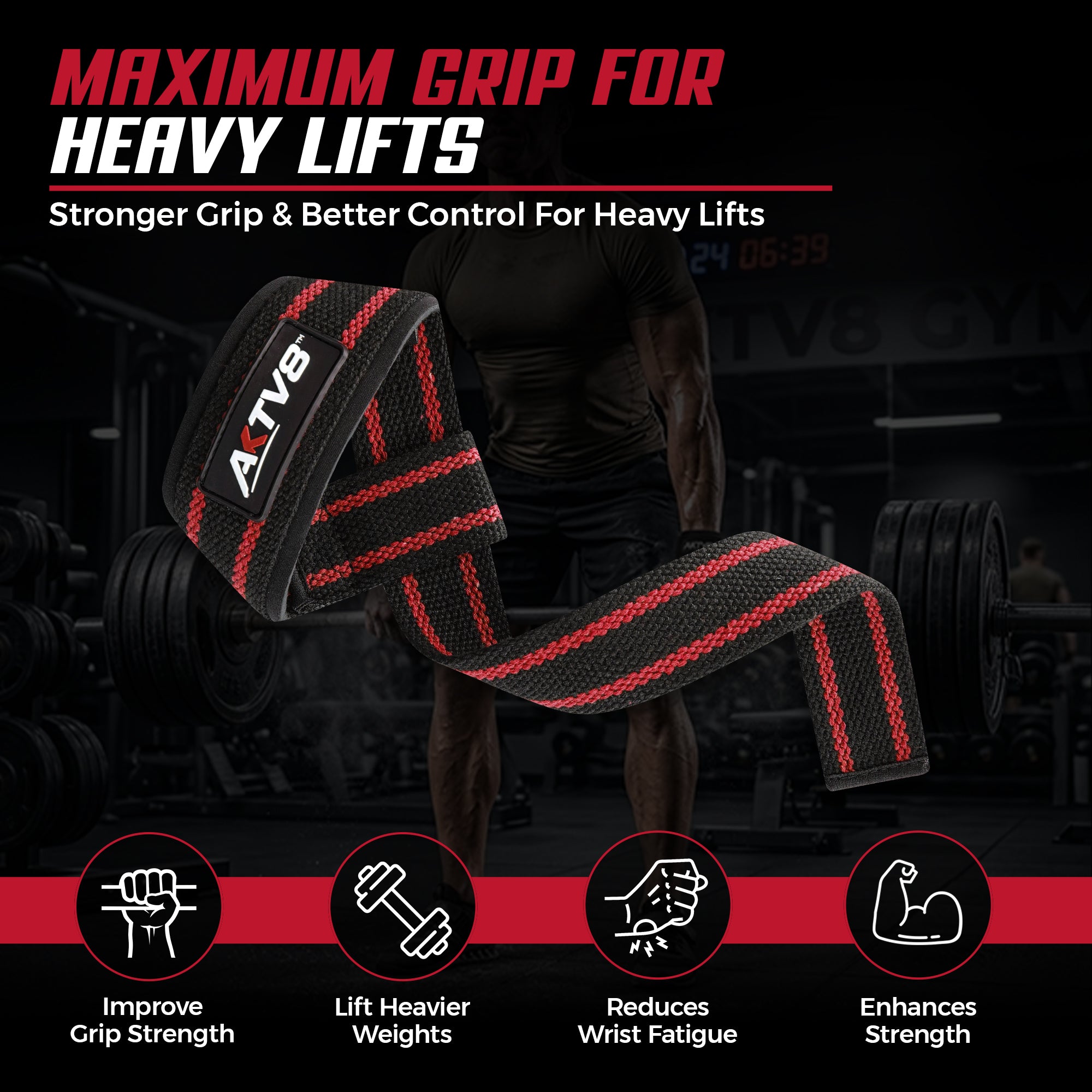 AKTV8 Premium Red Edition Lifting Straps – Heavy Duty Grip Support