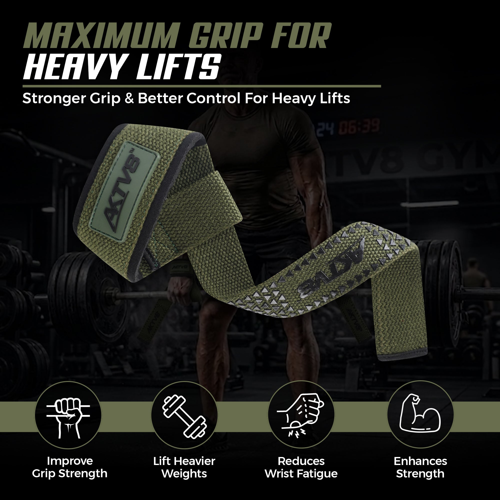 AKTV8 Premium Green Edition Lifting Straps – Heavy Duty Grip Support