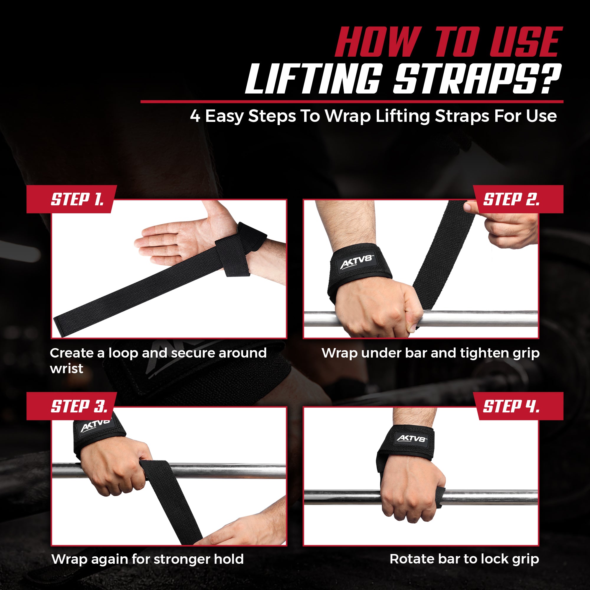 AKTV8 Premium Black Edition Lifting Straps – Heavy Duty Grip Support