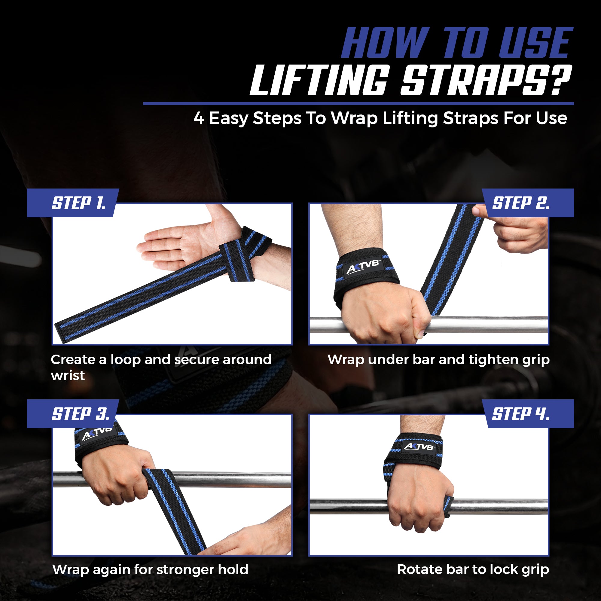 AKTV8 Premium Blue Edition Lifting Straps – Heavy Duty Grip Support