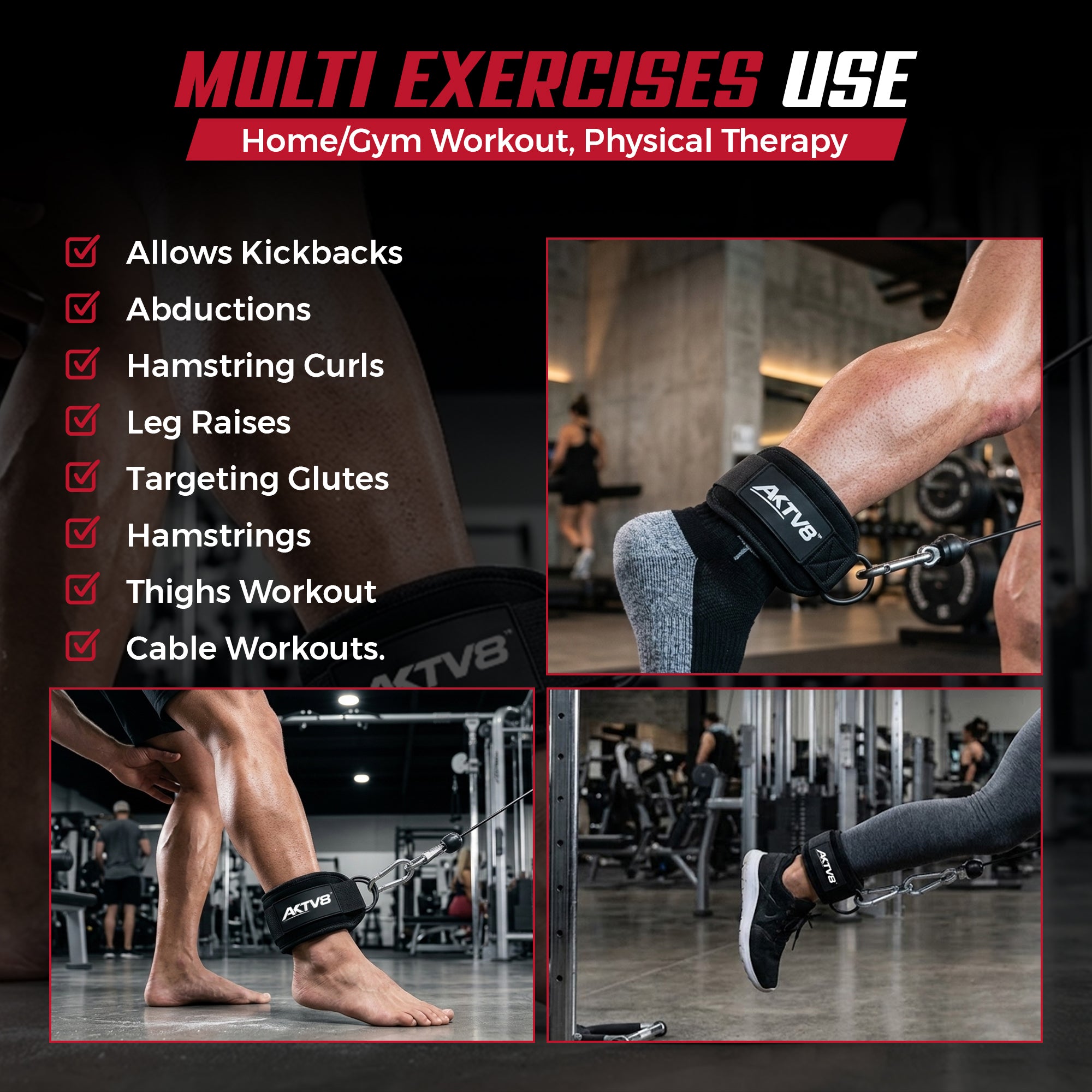 AKTV8 Premium Black Edition Ankle Straps – Heavy Duty Leg Training Support