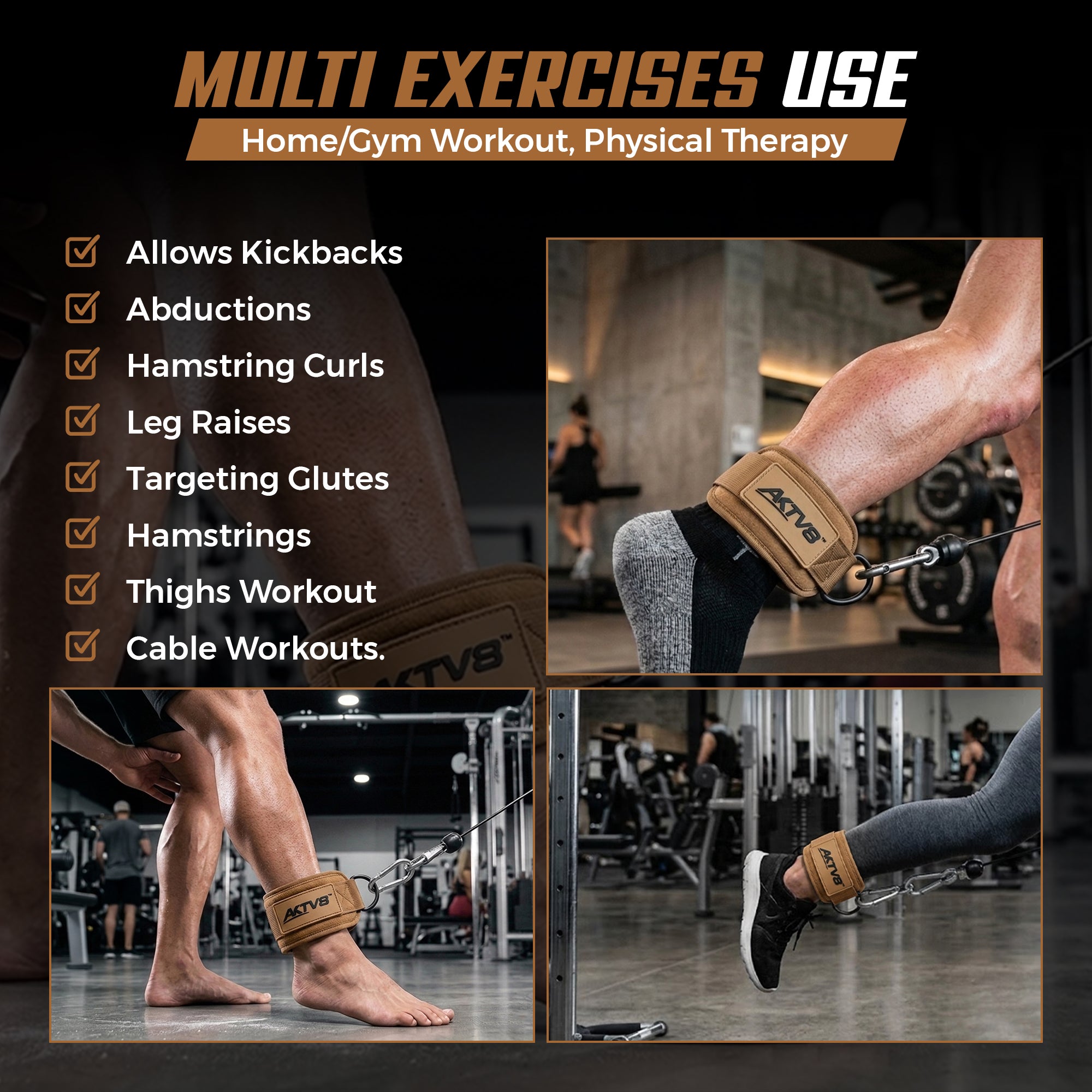 **AKTV8 Premium Brown Edition Ankle Straps – Heavy Duty Leg Training Support**