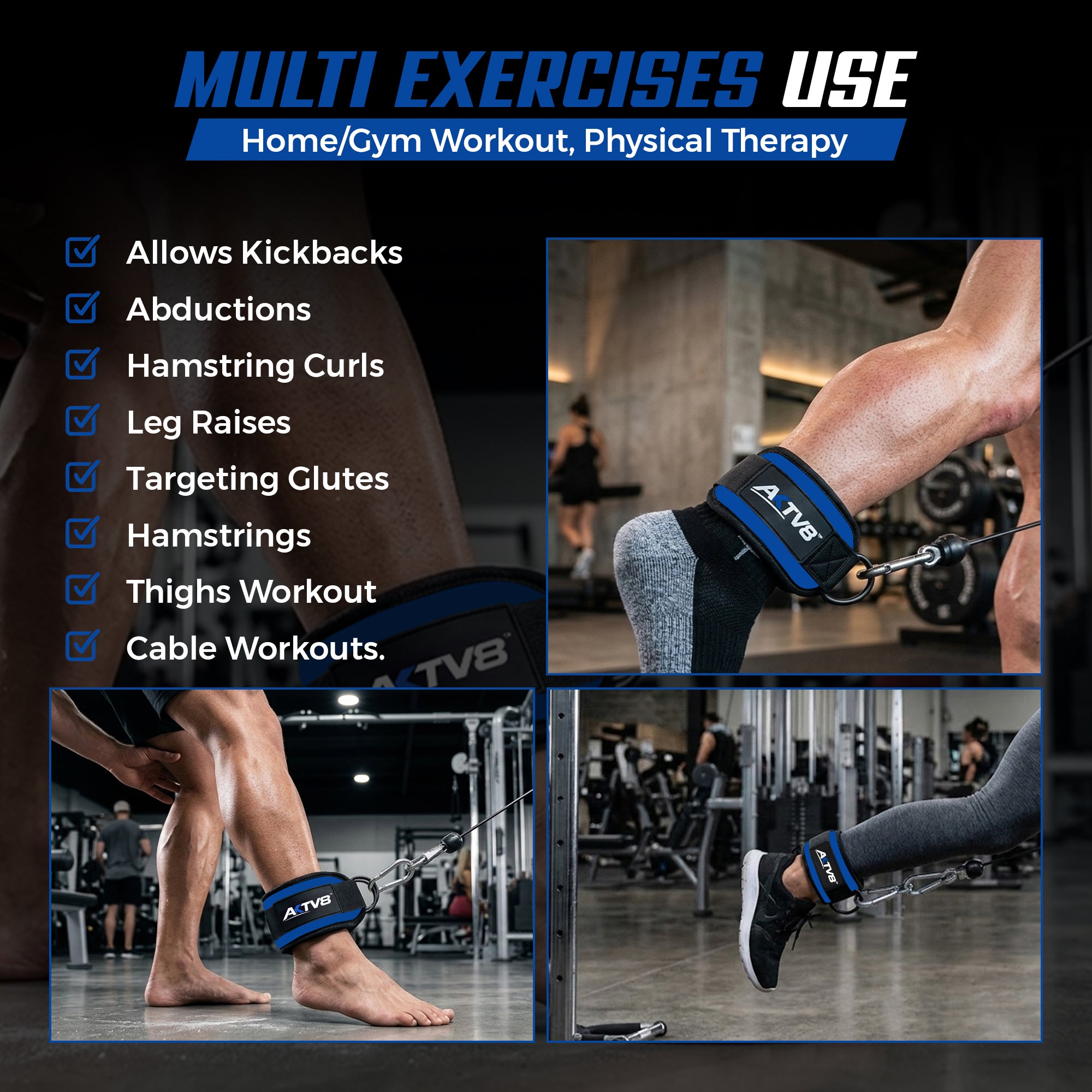 AKTV8 Premium Blue Edition Ankle Straps – Heavy Duty Leg Training Support